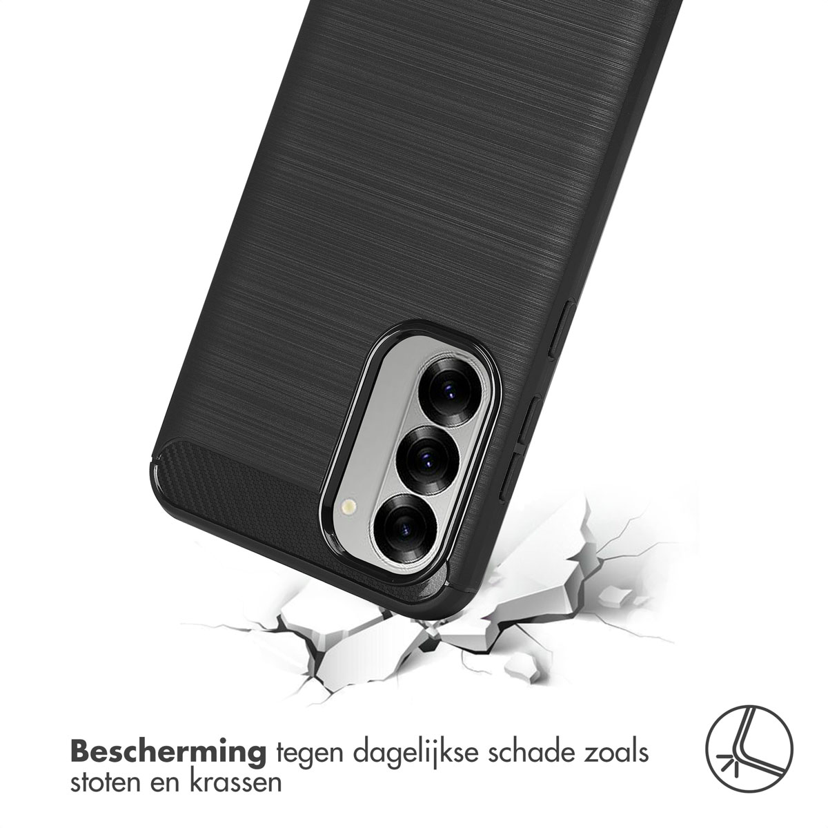 Black phone case angled, breaking white material. Case has three camera lenses.