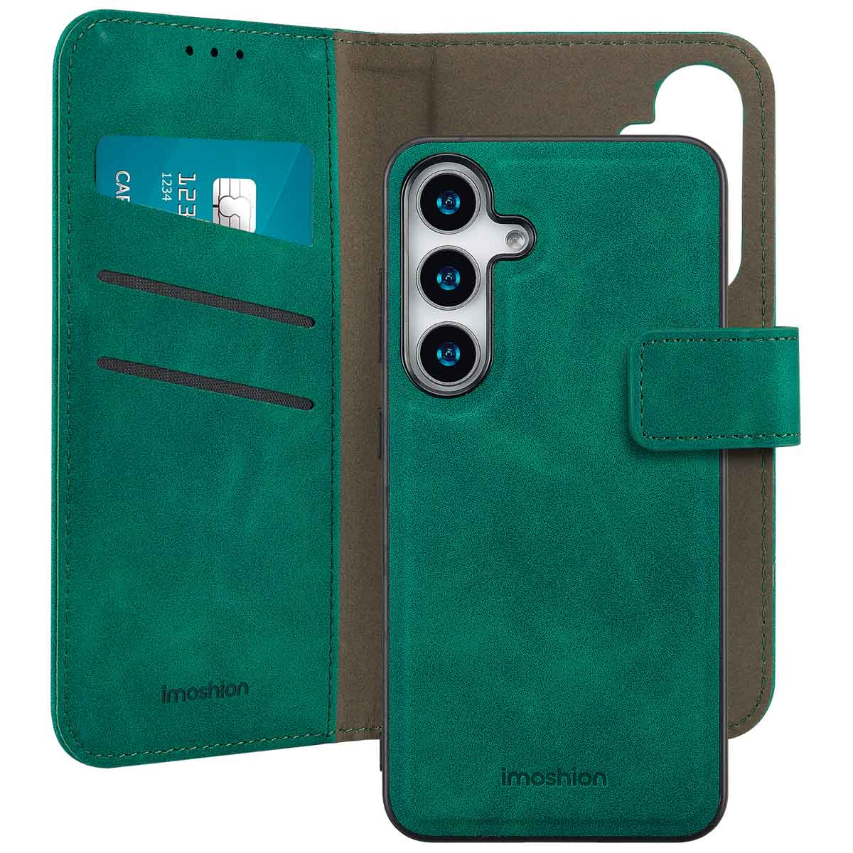 Green phone case with phone inside. Case has card slots and a button flap. Background is green.