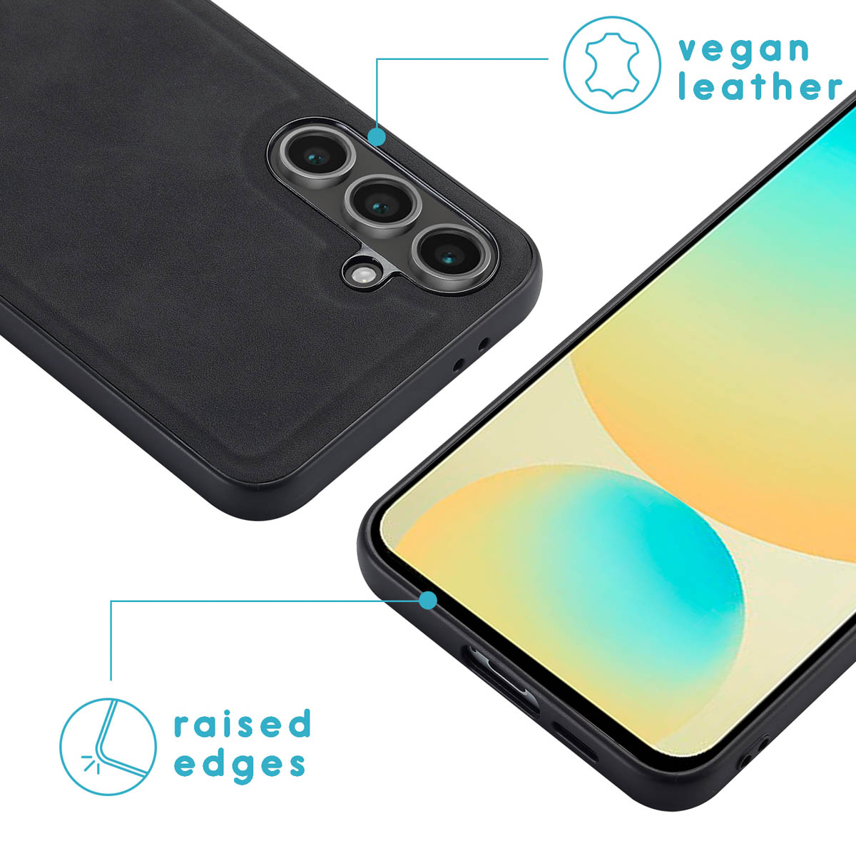 Coque de téléphone noire avec bords surélevés et cuir végétalien. Gros plan.