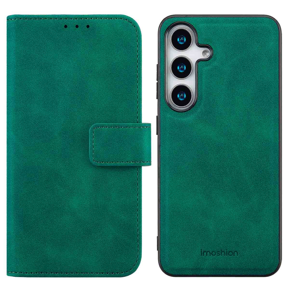 Green phone case opened, revealing a green interior. The cover has a magnetic closure.