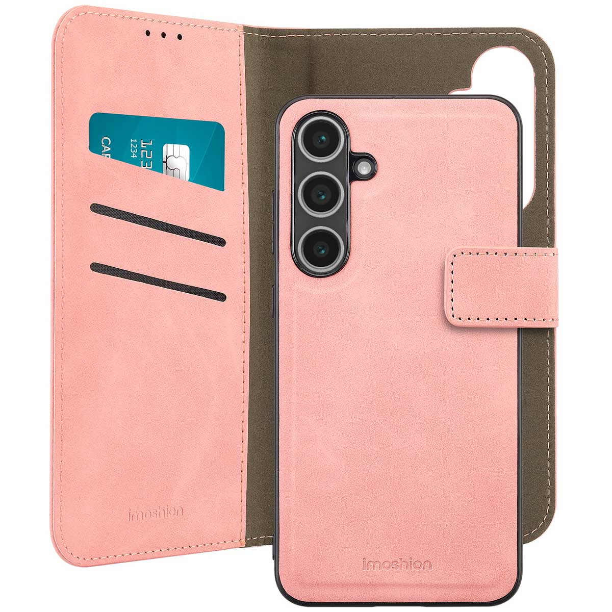 Roze telefoonhoes geopend. Er zit een telefoon in. De hoes heeft creditcardvakjes en een logo.
