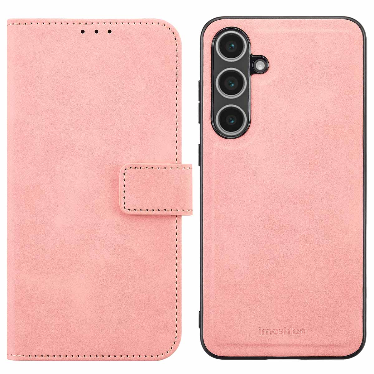 Roze telefoonhoes, portemonnee-stijl. Telefoon staat rechts. De hoes heeft een voorklep en een knoop.