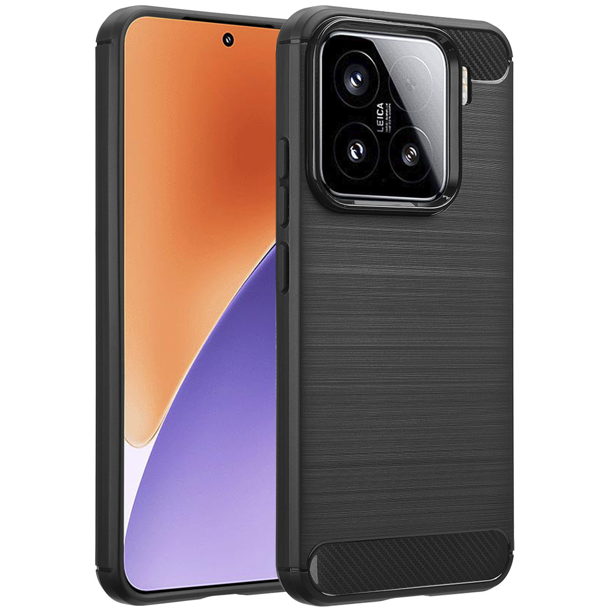 Coque de téléphone noire avec téléphone. Design texturé et marque Leica.