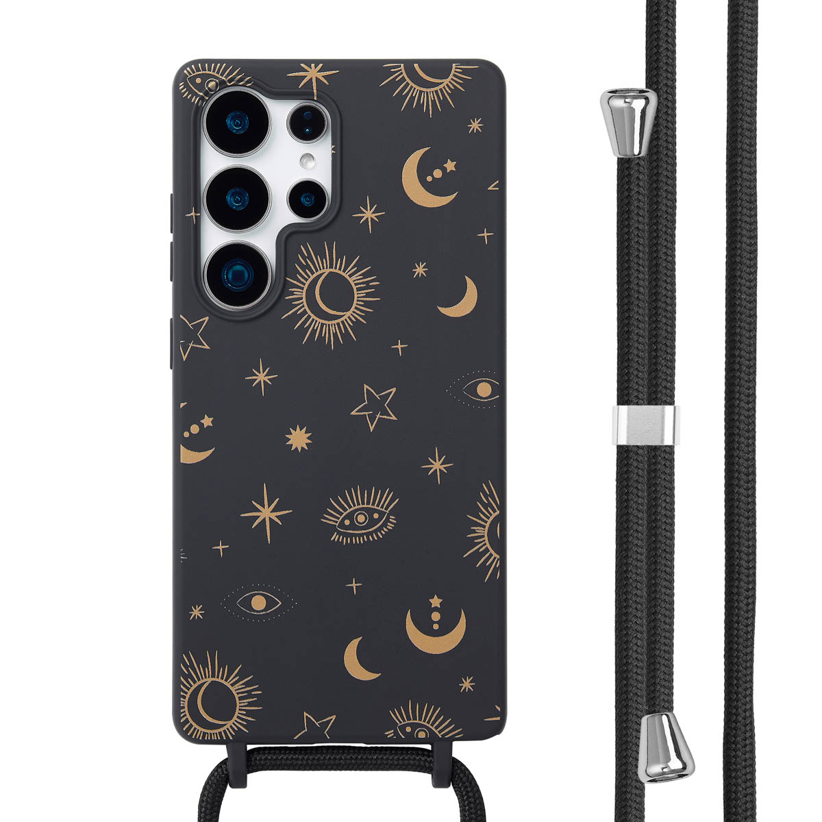Zwarte telefoonhoes met een gouden hemels ontwerp, met een zwart koord voor een koord.