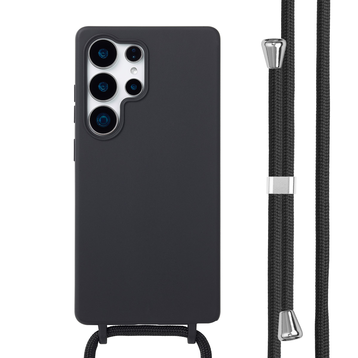 Zwarte telefoonhoes met een zwarte riem. Telefoon heeft meerdere camera's.