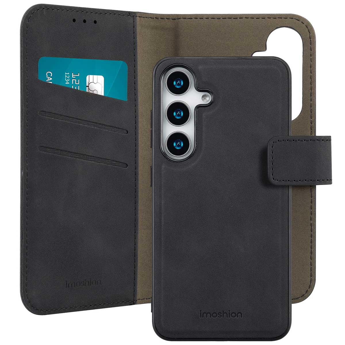 Black phone case open, phone inside, and card slots visible.