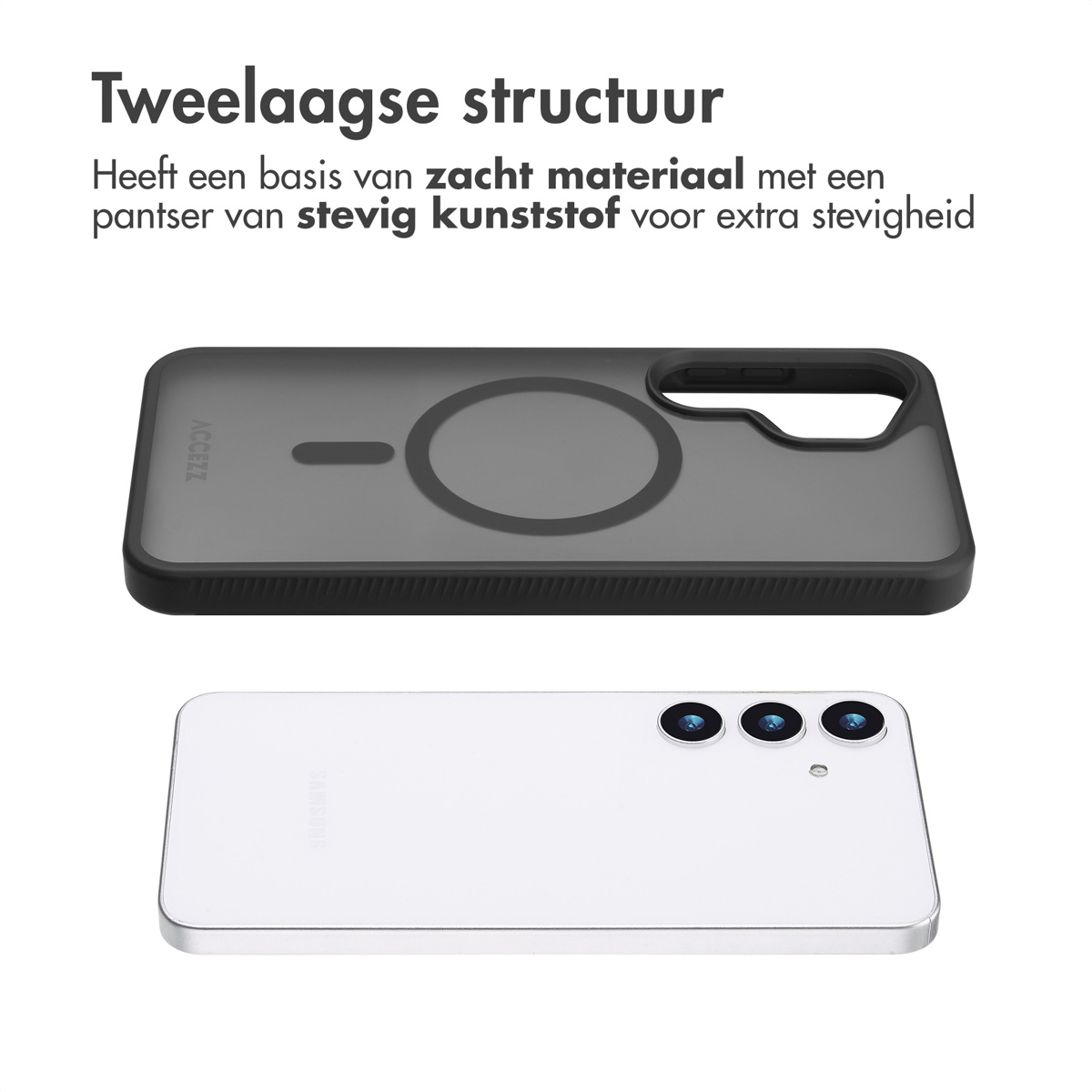 Coque de téléphone avec téléphone, vue de dessus. La coque est sombre, le téléphone blanc.