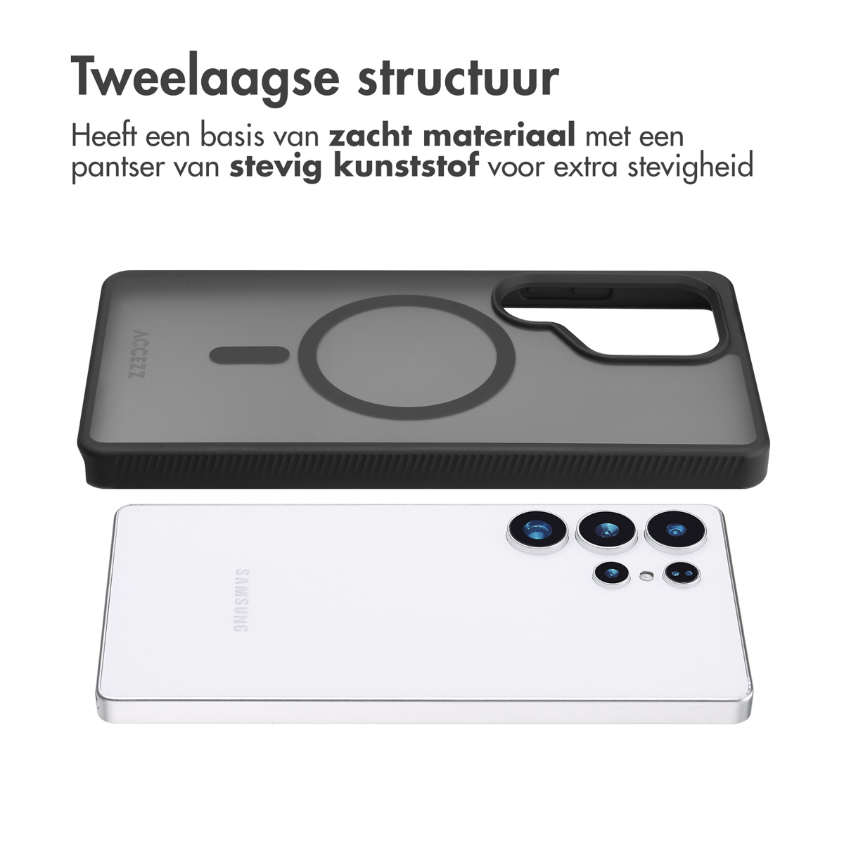 Telefoonhoesje met een telefoon erin. De hoes is zwart en transparant. De telefoon is wit.