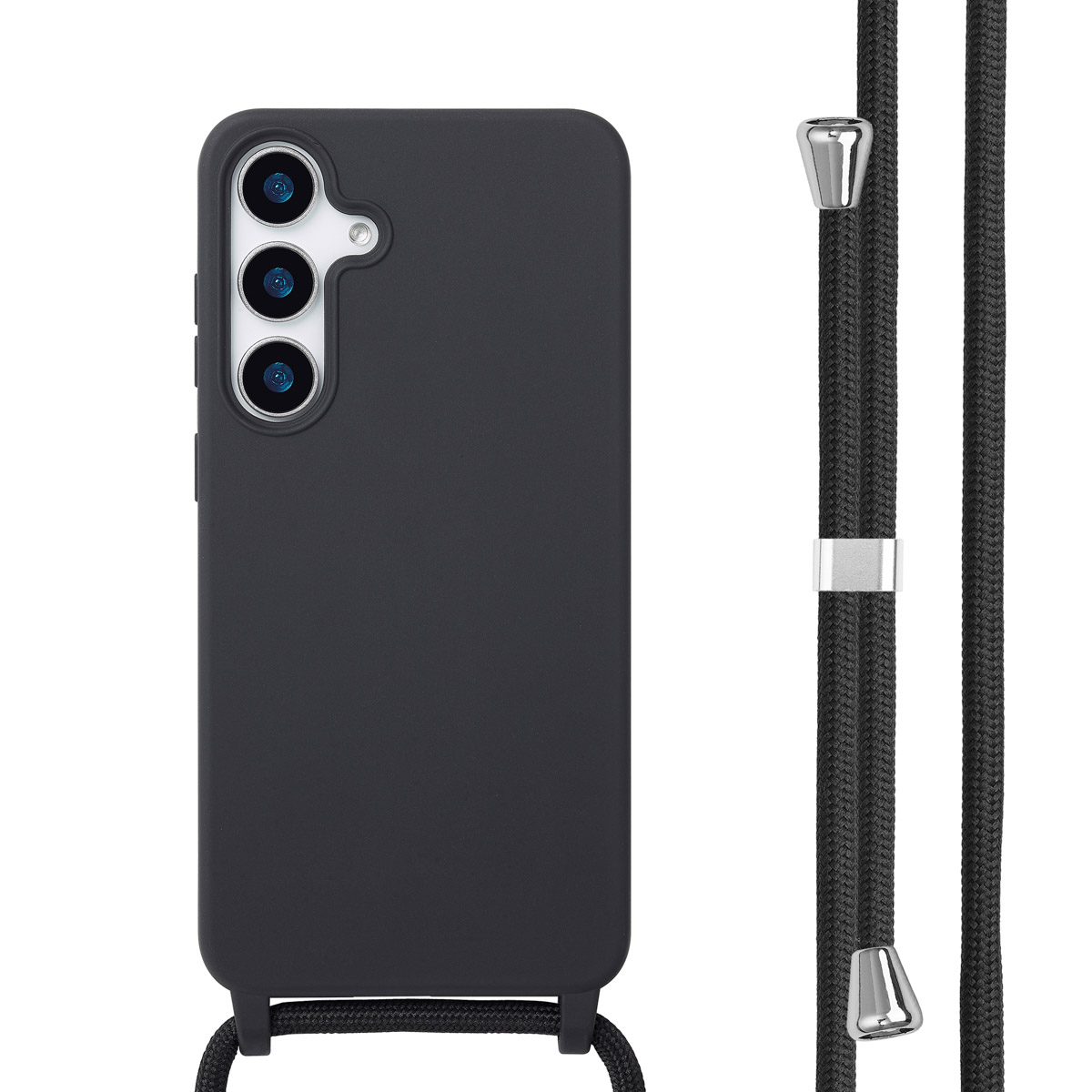Zwart telefoonhoesje met drie camera's en een koordbevestiging aan de onderkant.