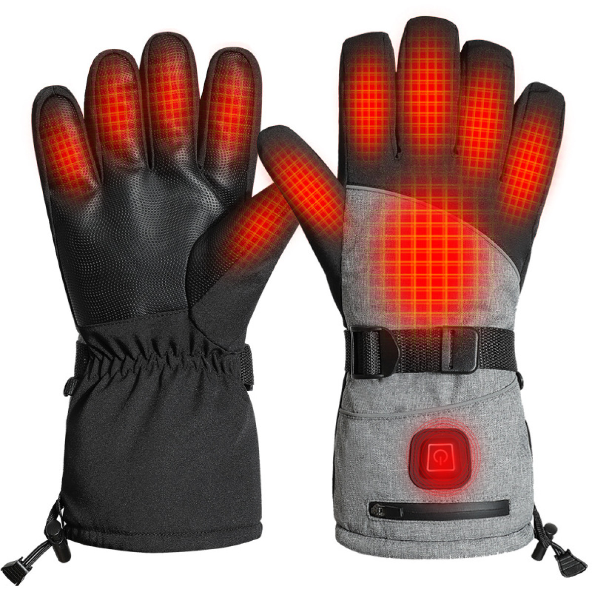 Schwarz-graue beheizbare Handschuhe mit rotem Heizmuster. Schwarze Manschetten, graues Oberteil und ein Einschaltknopf.