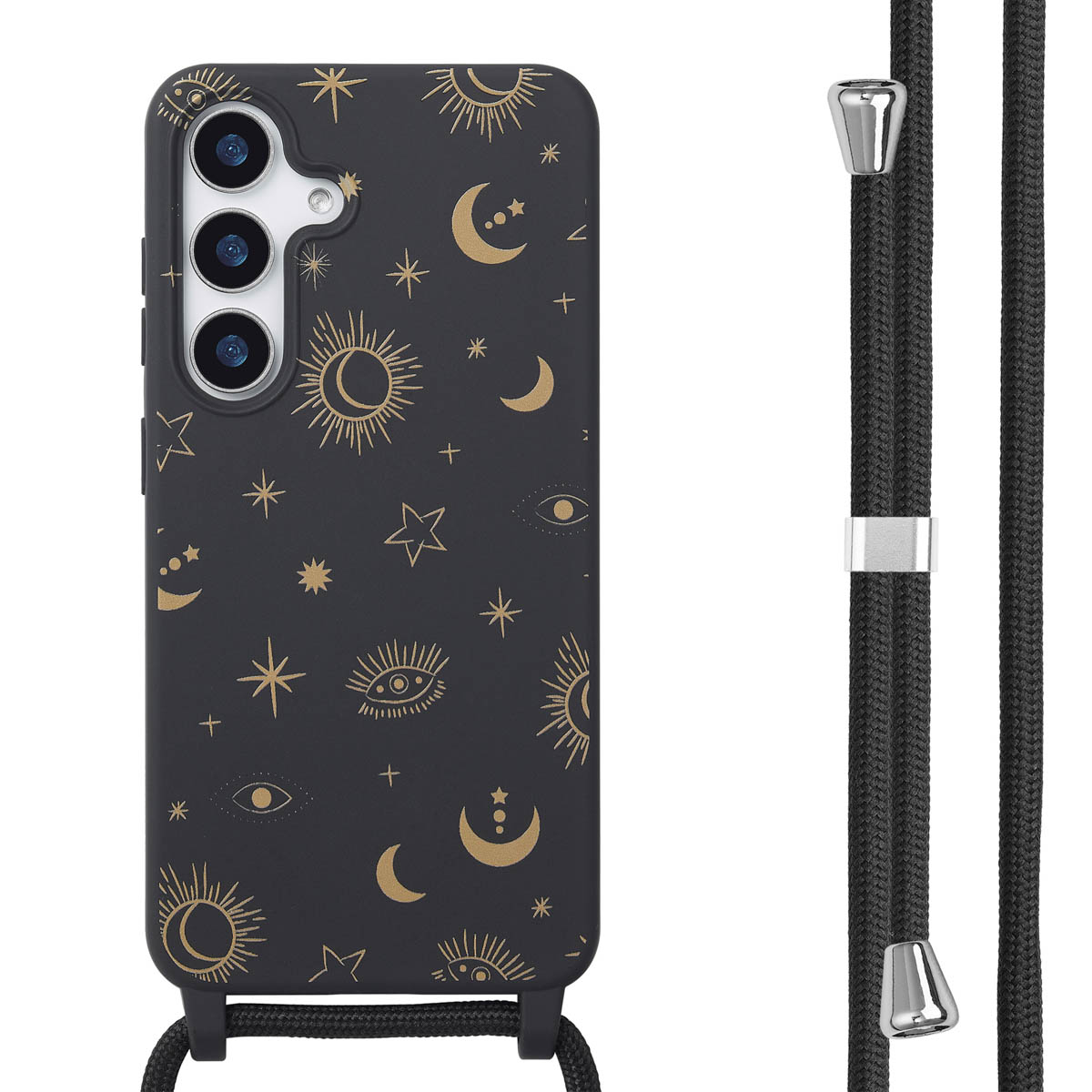 Coque de téléphone noire avec motif céleste doré, sangle noire.