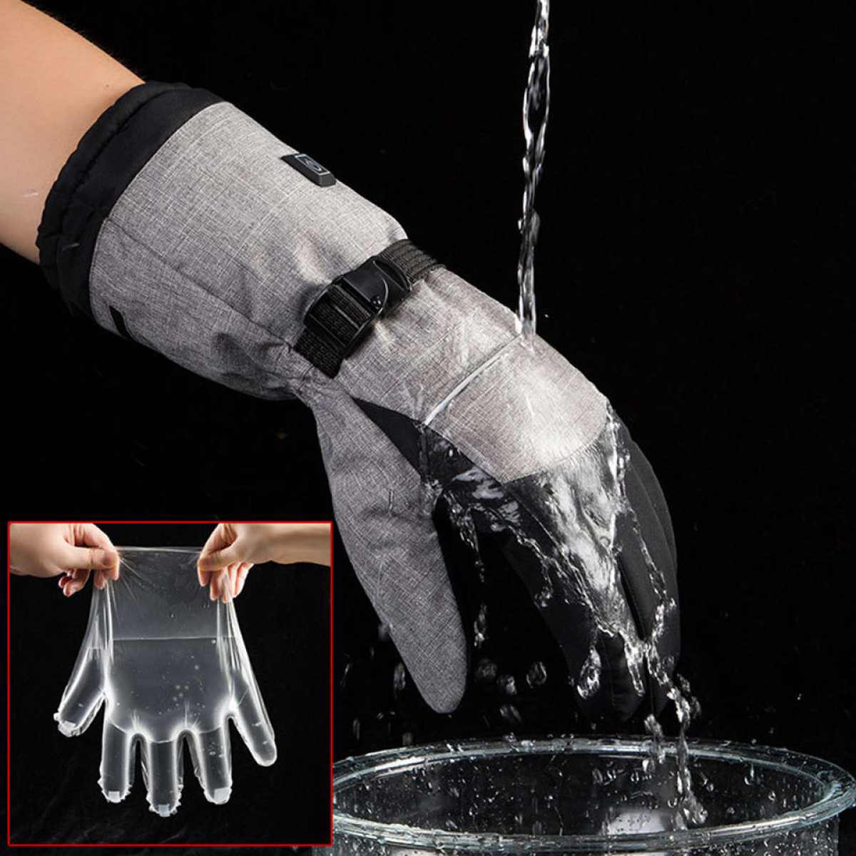 Eine Hand mit einem grauen und schwarzen Handschuh, Wasser fließt in eine Schüssel, ein klarer Innenhandschuh sichtbar.