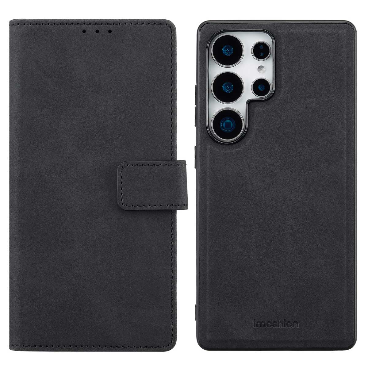 Een zwarte leren telefoonhoes, opengeklapt om een telefoon te laten zien. De hoes heeft een magnetische sluiting en meerdere kaartsleuven.