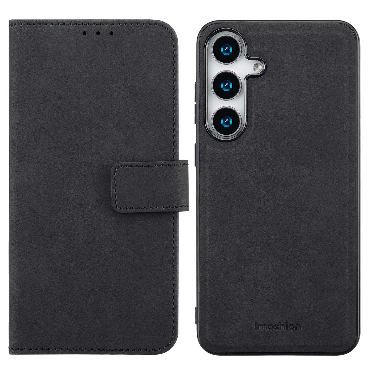 Coque de téléphone noire, design portefeuille. Fermeture magnétique.