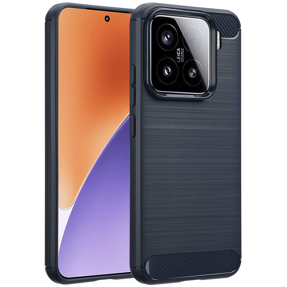 Donkerblauwe telefoonhoes met telefoon erin. De hoes heeft een textuurontwerp en een uitsparing voor de camera.