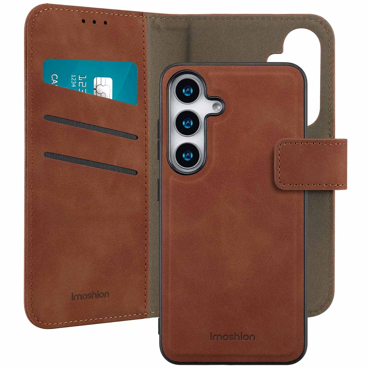 Brown phone case with phone inside and a wallet feature. The wallet shows a credit card.