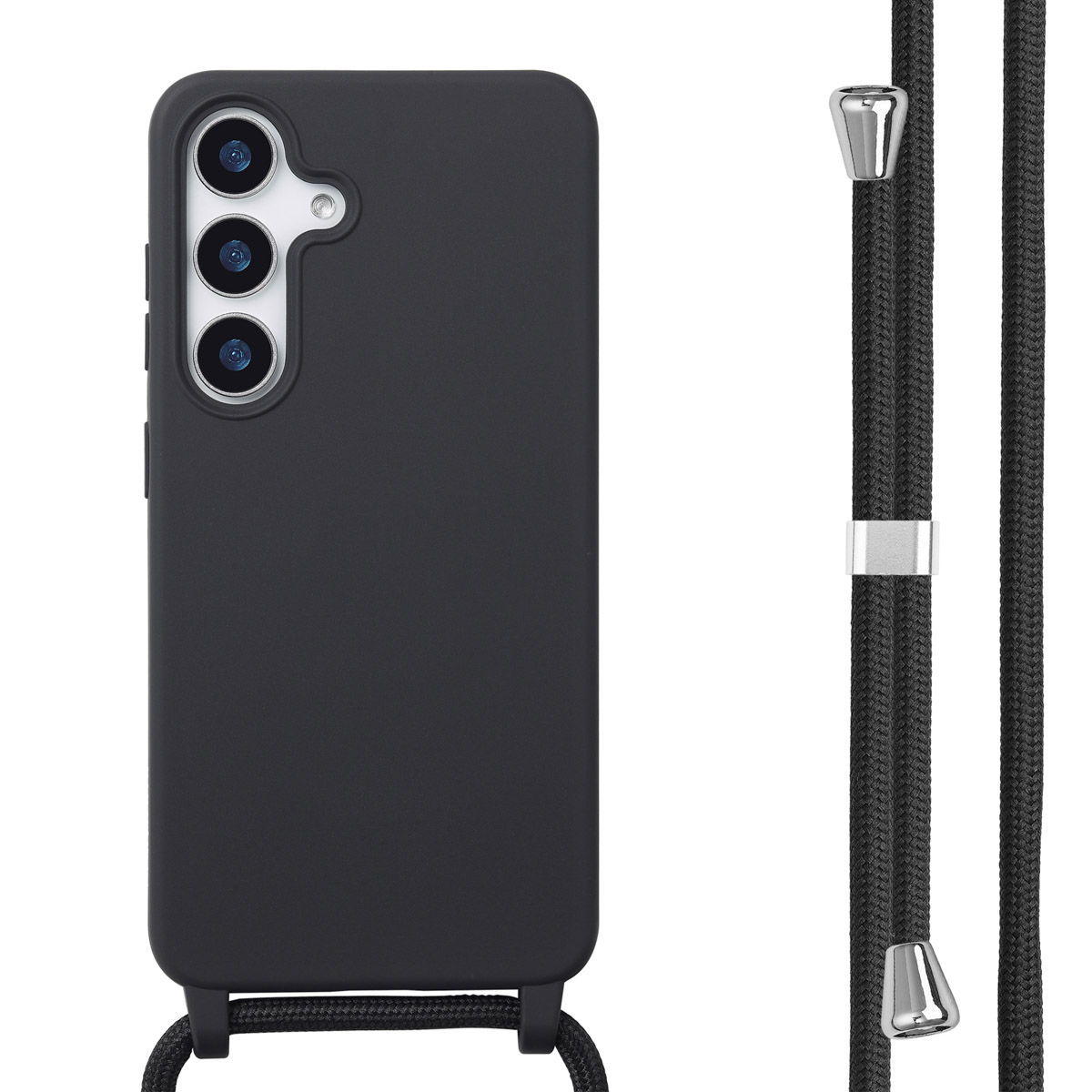 Zwarte telefoonhoes met een koord, met een zwart koord en metalen accenten.