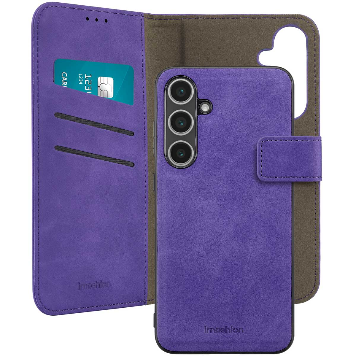 Paarse telefoonhoes met een portemonnee-ontwerp. Bevat een creditcard.