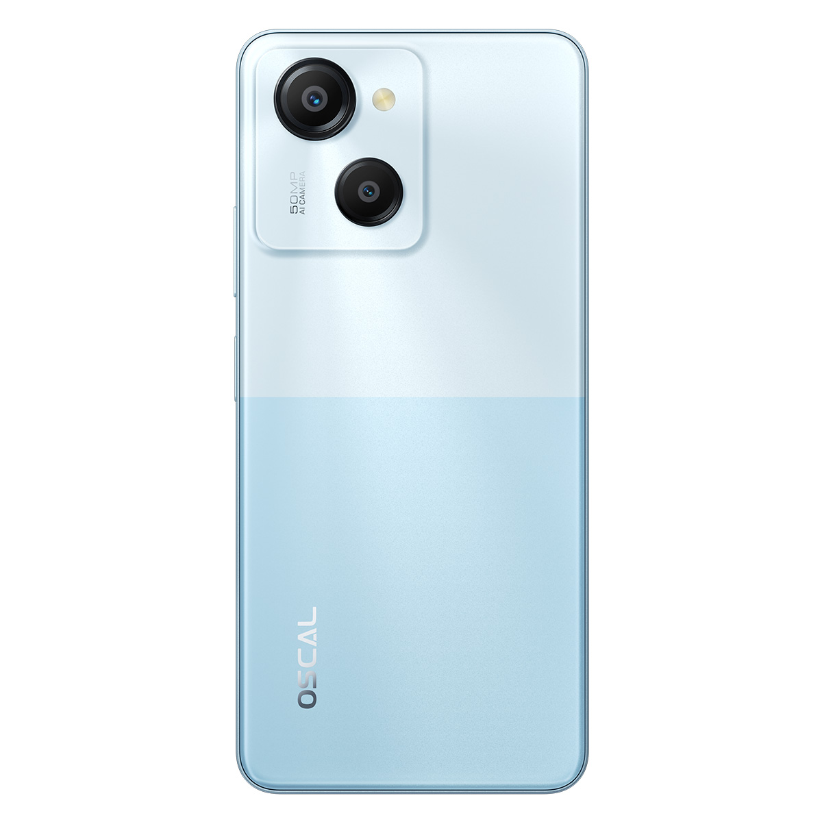 Parte trasera de un teléfono azul claro con dos lentes de cámara, la marca es OSCAL.