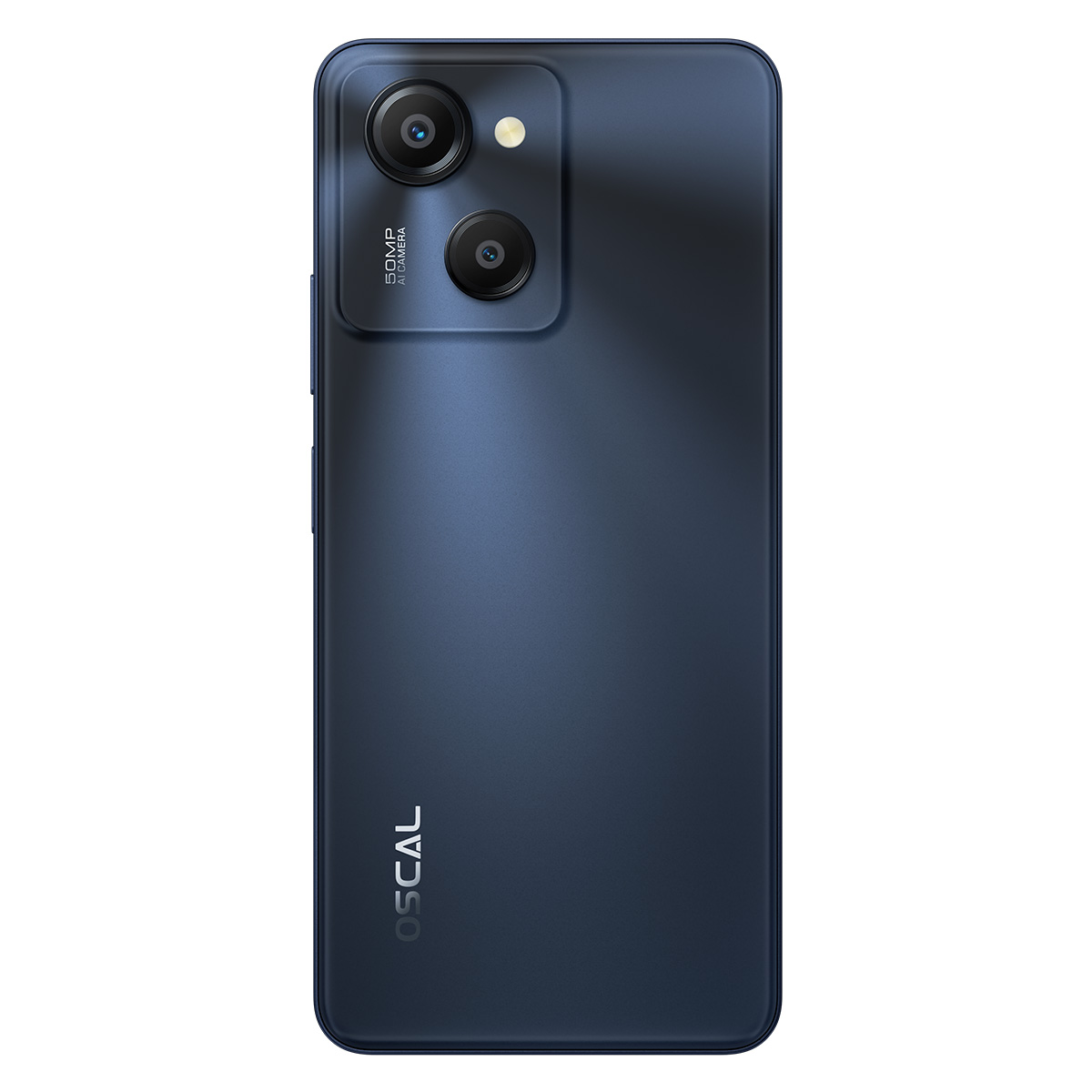 Parte trasera de smartphone azul oscuro con cámaras duales y logo OSCAL.