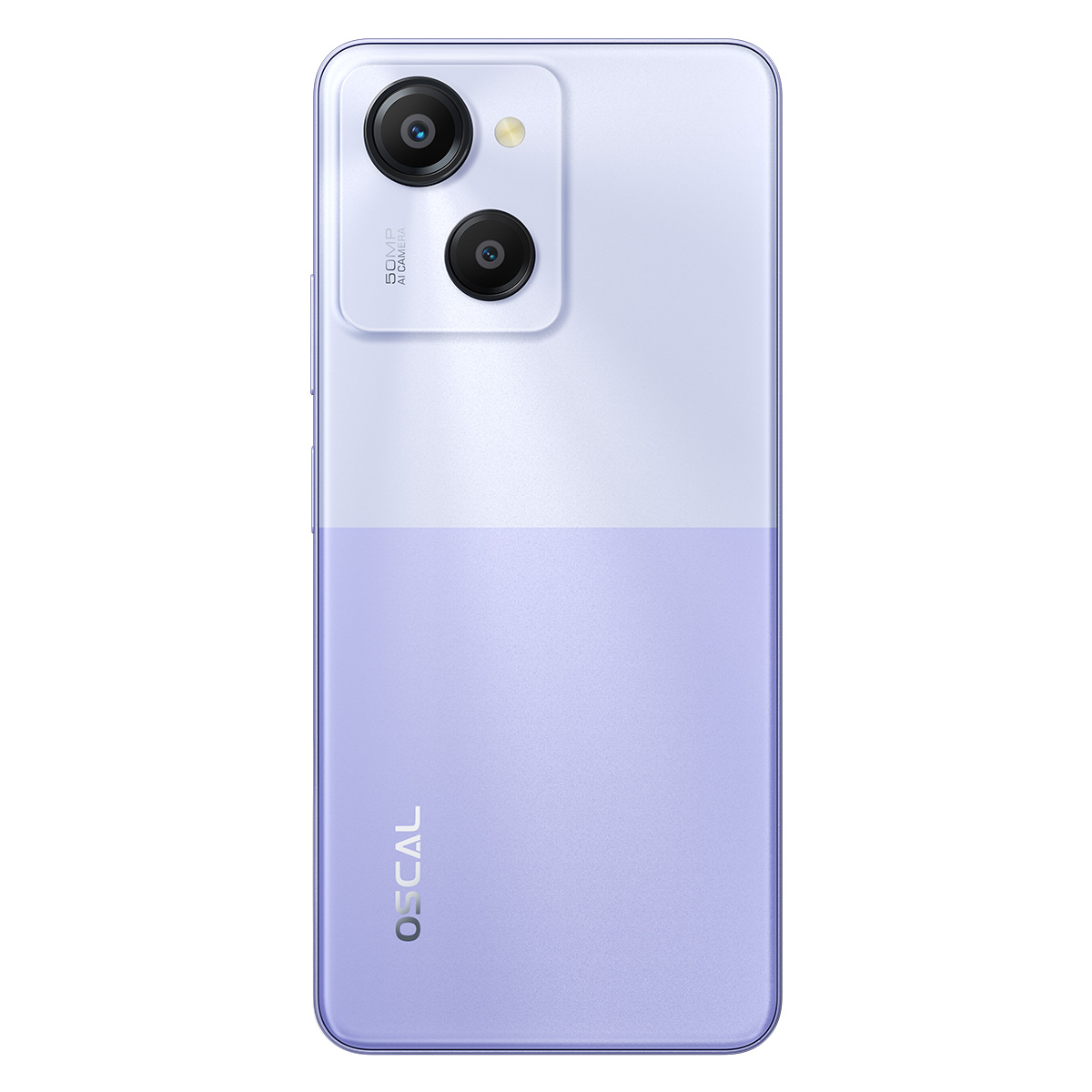 Un teléfono inteligente morado y blanco con doble cámara y la marca OSCAL es visible.