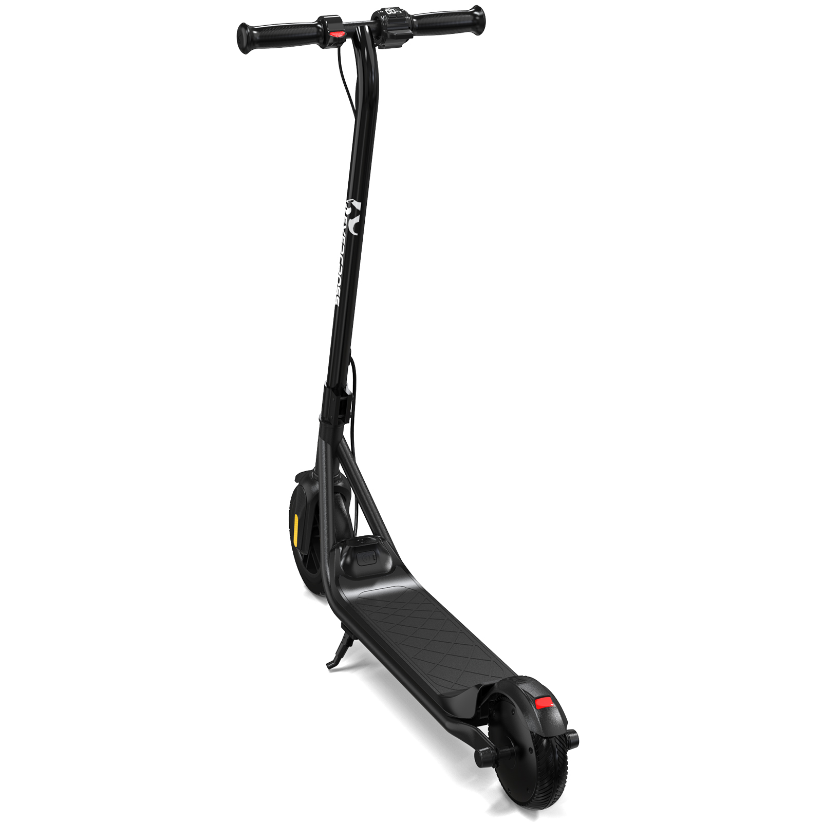 Czarna hulajnoga elektryczna z żółtymi kołami, czarną podstawą i elementami sterowania na kierownicy, na białym tle.