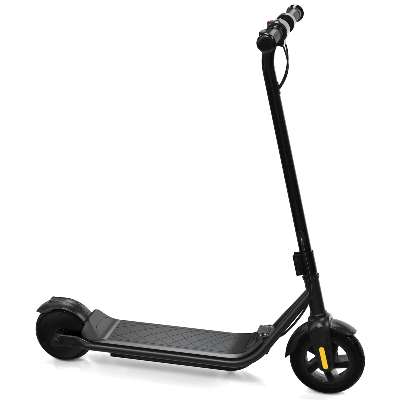 Czarna hulajnoga elektryczna na białym tle. Widoczna kierownica, podest, koła. Czarny kolor.