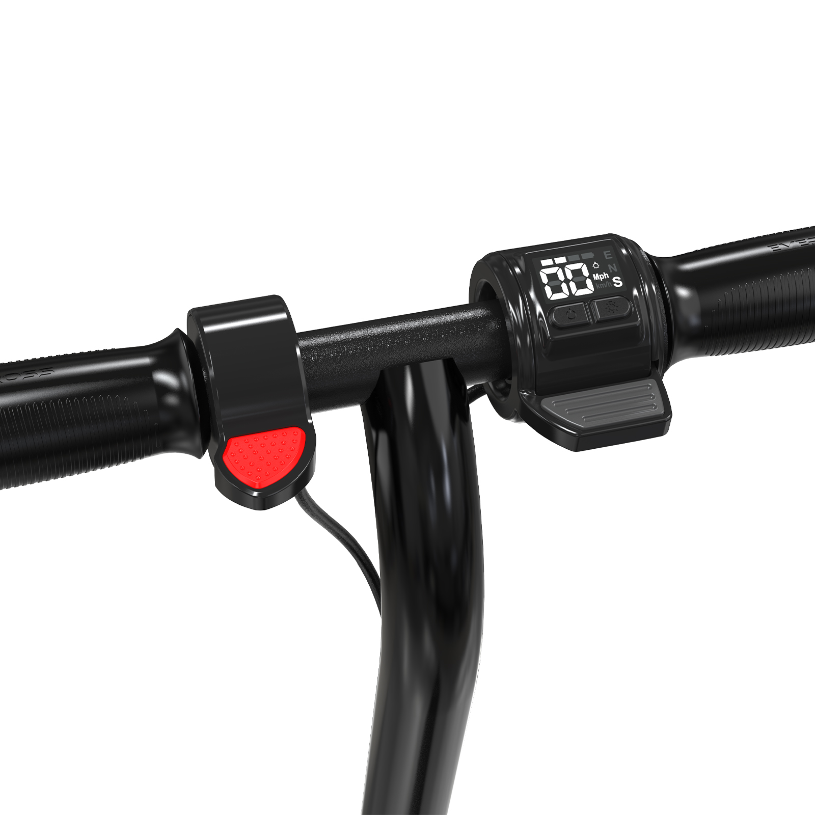 Czarna kierownica skutera z wyświetlaczem. Czerwona dźwignia hamulca po lewej.