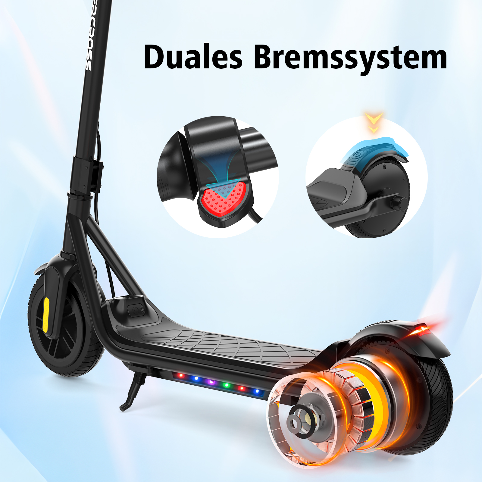Schwarzer Elektroroller mit Doppelbremssystem. Der Roller steht vor blauem Hintergrund. Nahaufnahmen sind zu sehen.