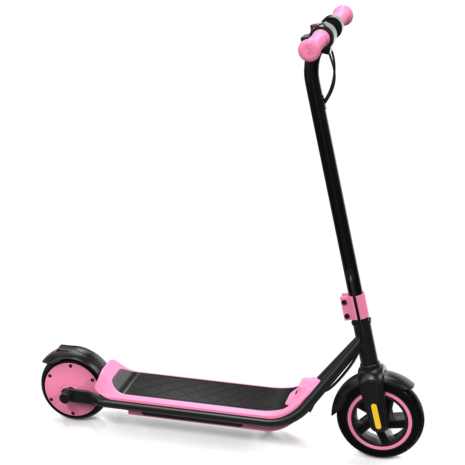 Różowo-czarna hulajnoga elektryczna na białym tle. Hulajnoga jest skierowana w prawo.