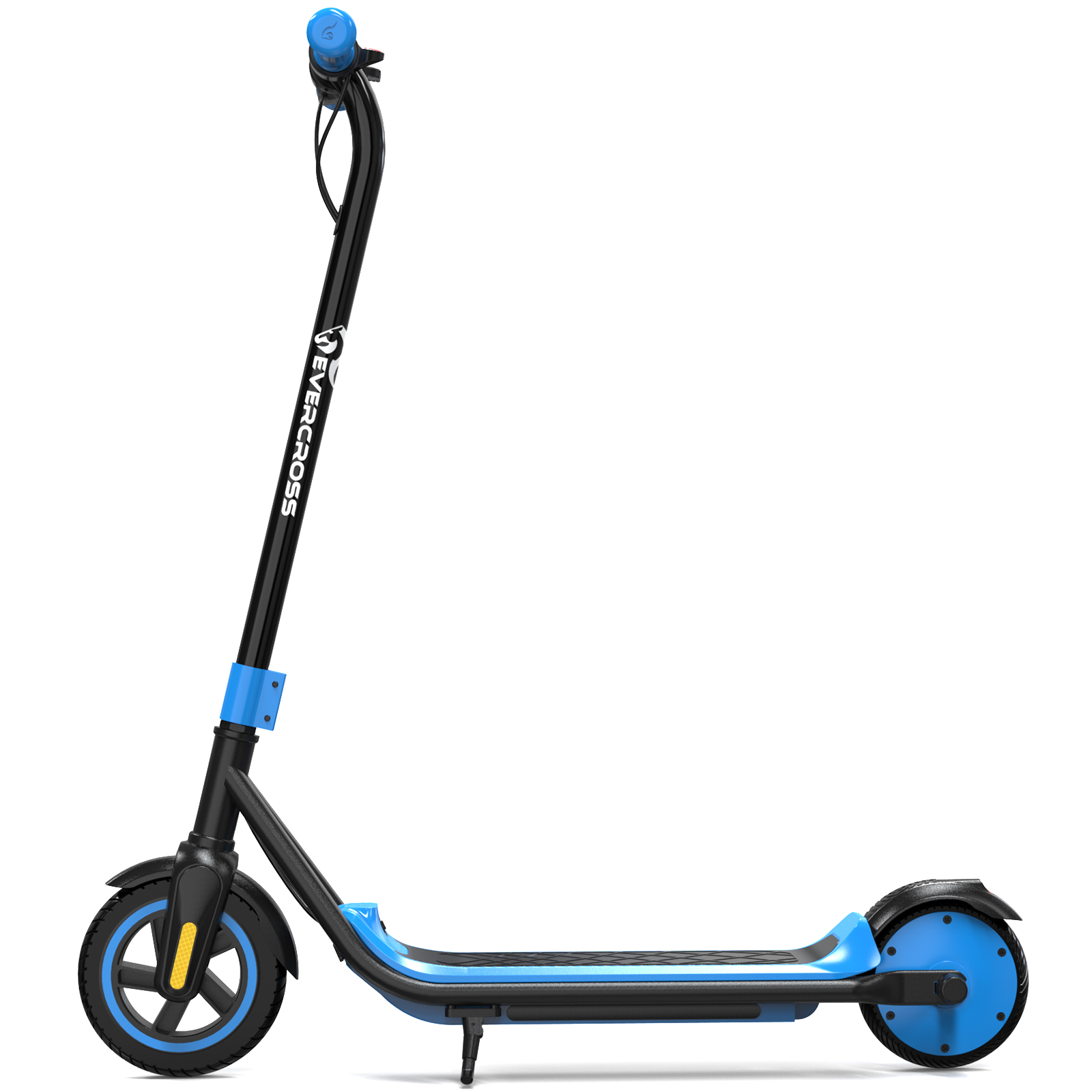 Un patinete azul y negro con manillar azul, sobre un fondo blanco.