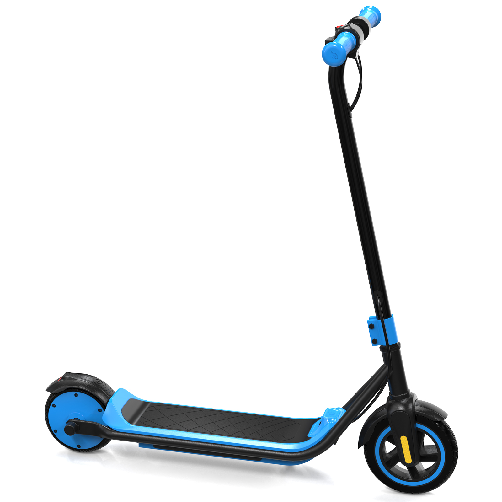 Niebiesko-czarna hulajnoga na białym tle, z niebieskimi akcentami i czarnymi kołami.