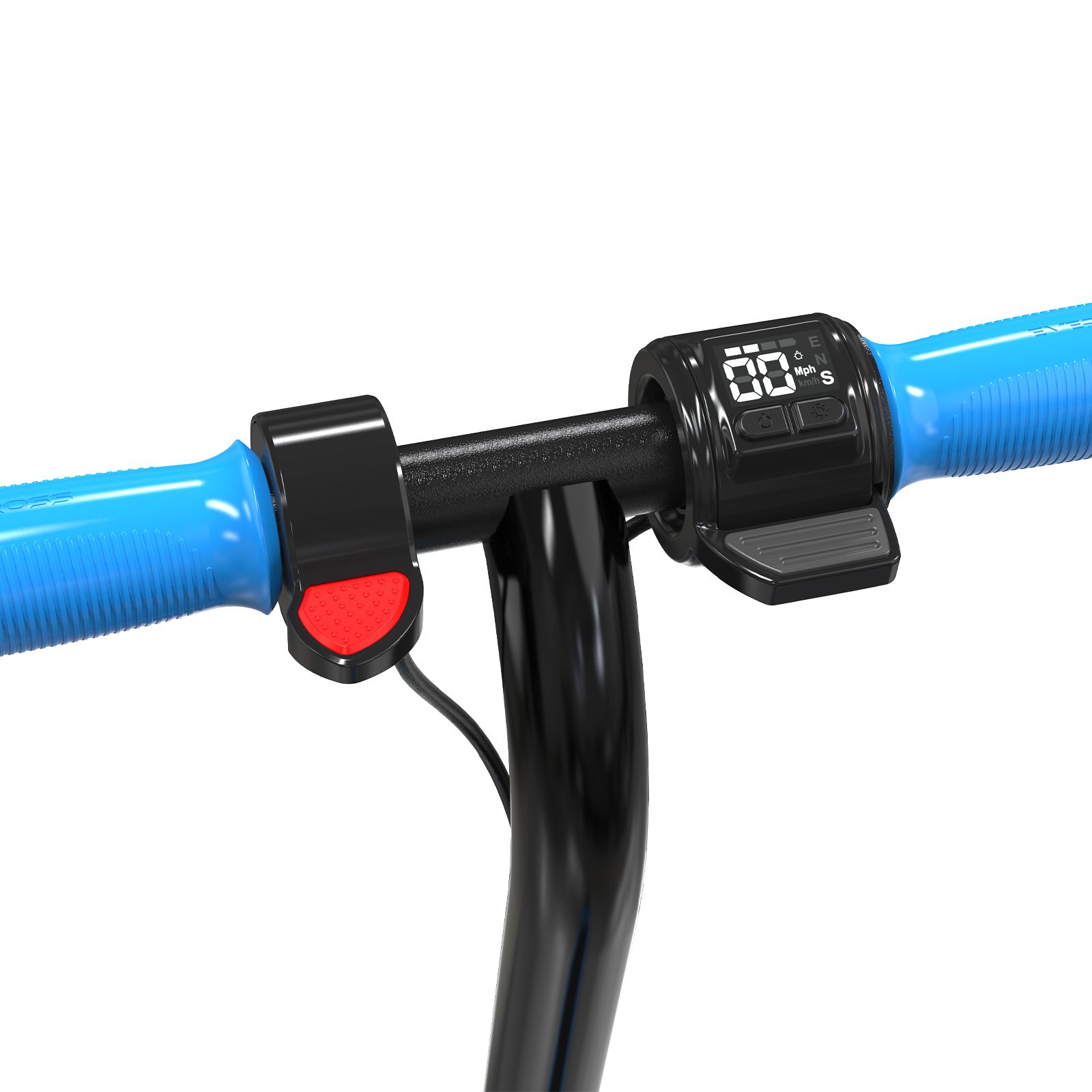 Zbliżenie kierownicy skutera, niebieskie uchwyty, czarny panel sterowania i mostek. Białe tło.