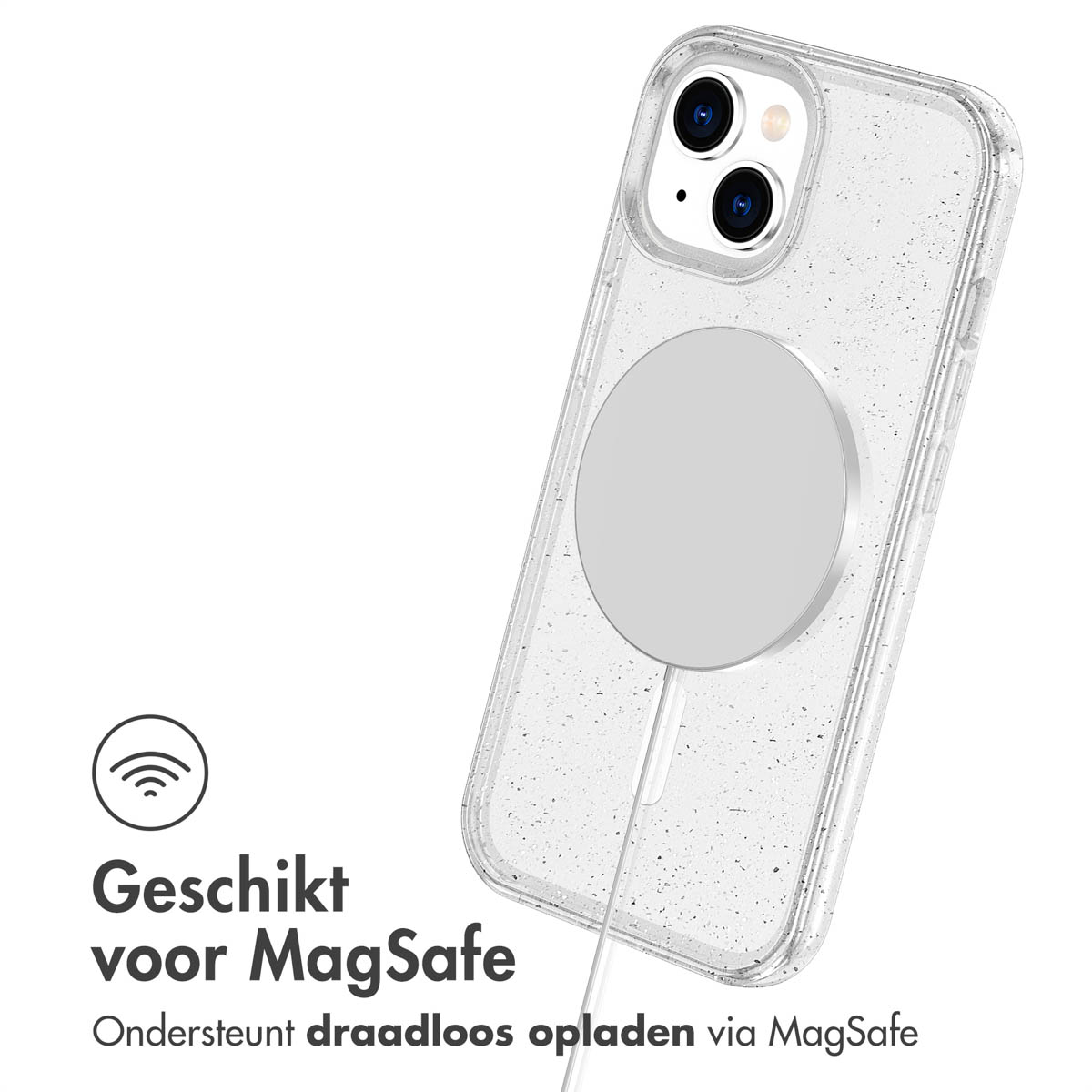 A clear phone case with a MagSafe charger attached and text about MagSafe compatibility.