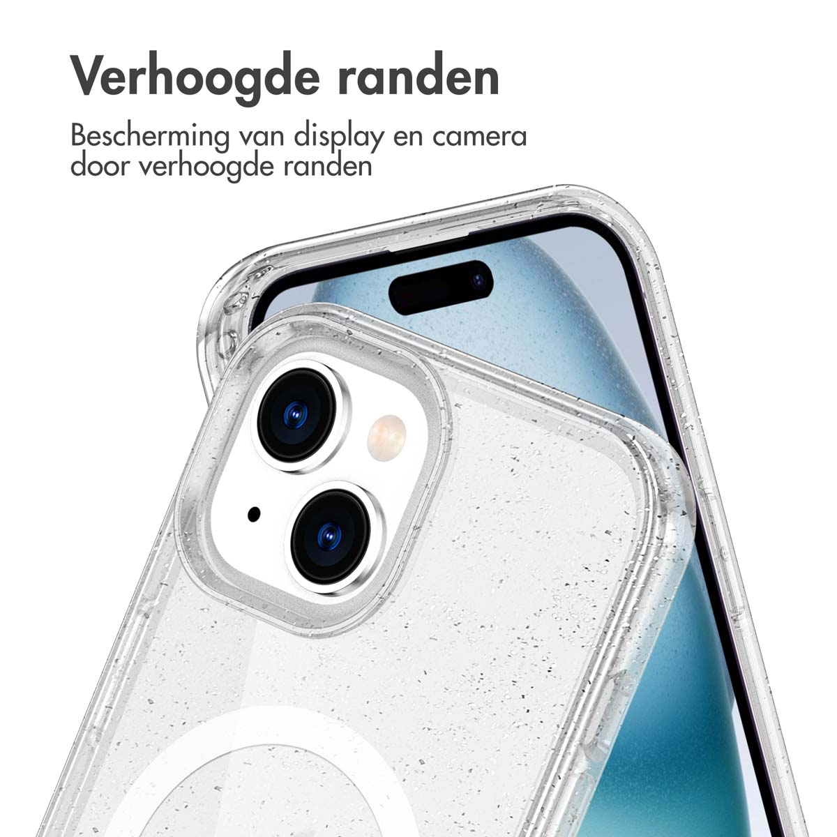 Close-up of a phone in a clear case. The case has raised edges.