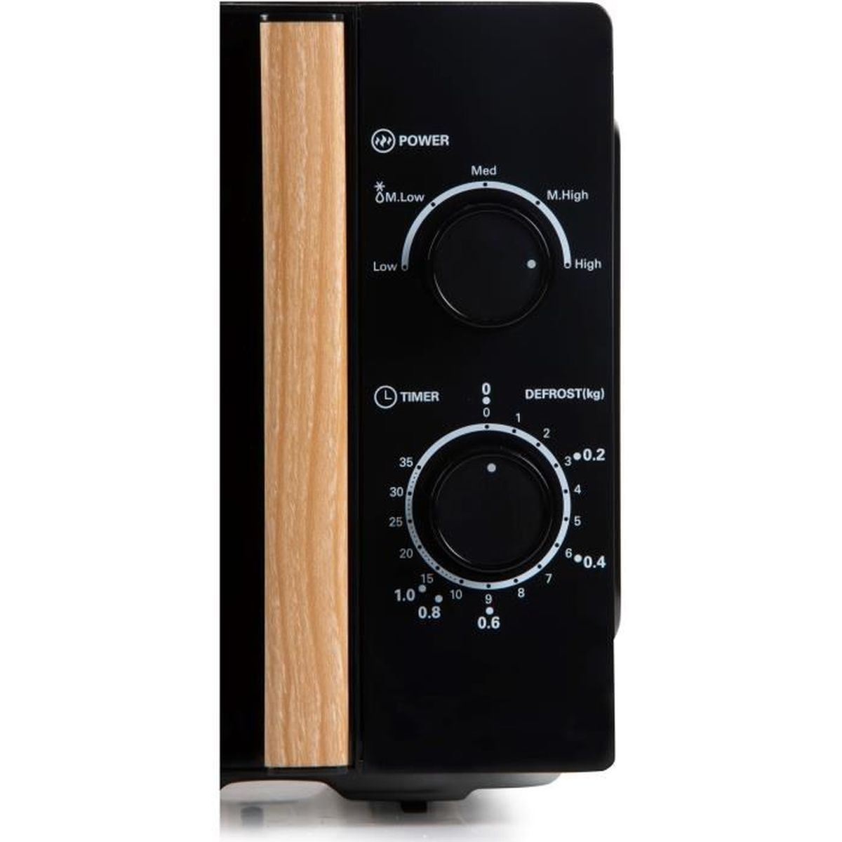 Bedieningspaneel van een magnetron met houten accenten en draaiknoppen voor vermogen, timer en ontdooien.