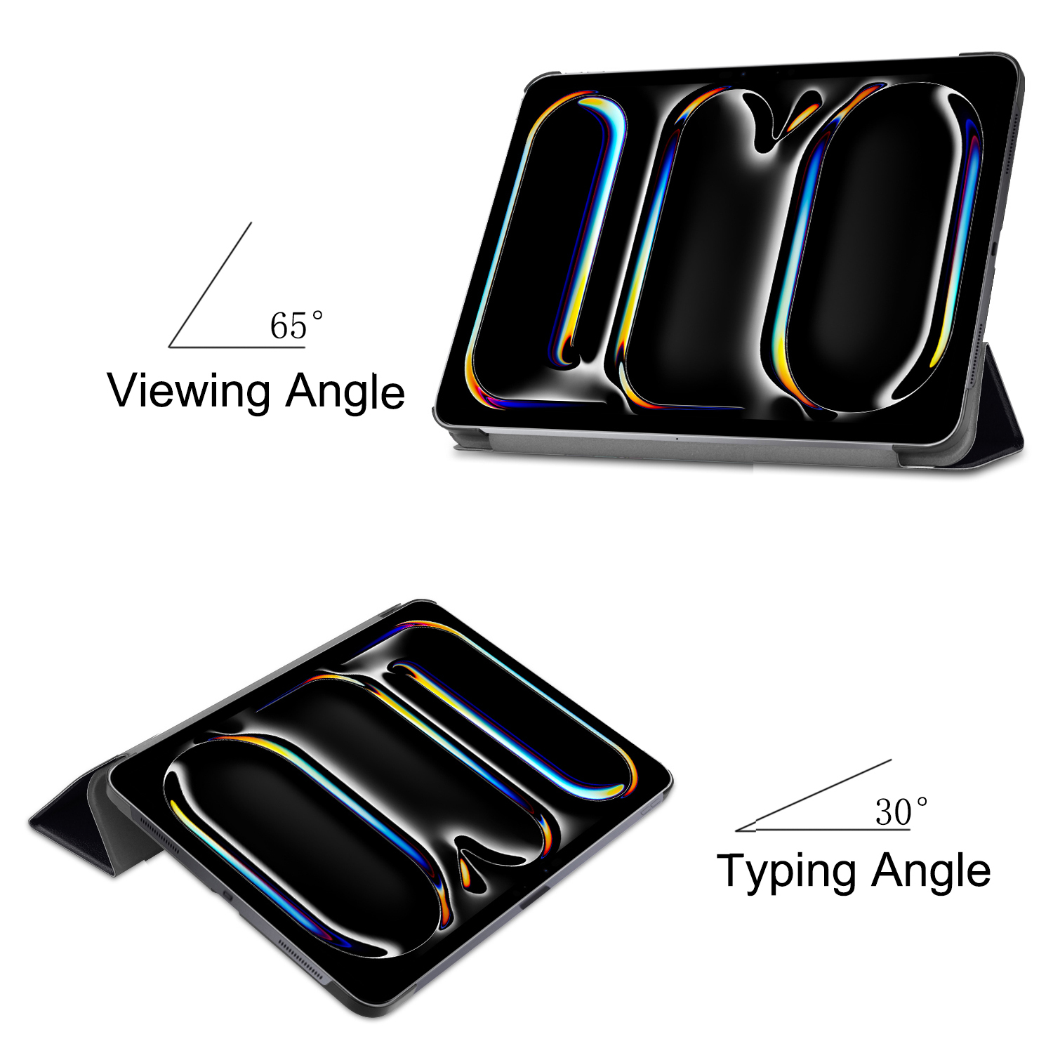 Zwei Ansichten einer Tablet-Hülle, die Betrachtungs- und Tippwinkel zeigen.