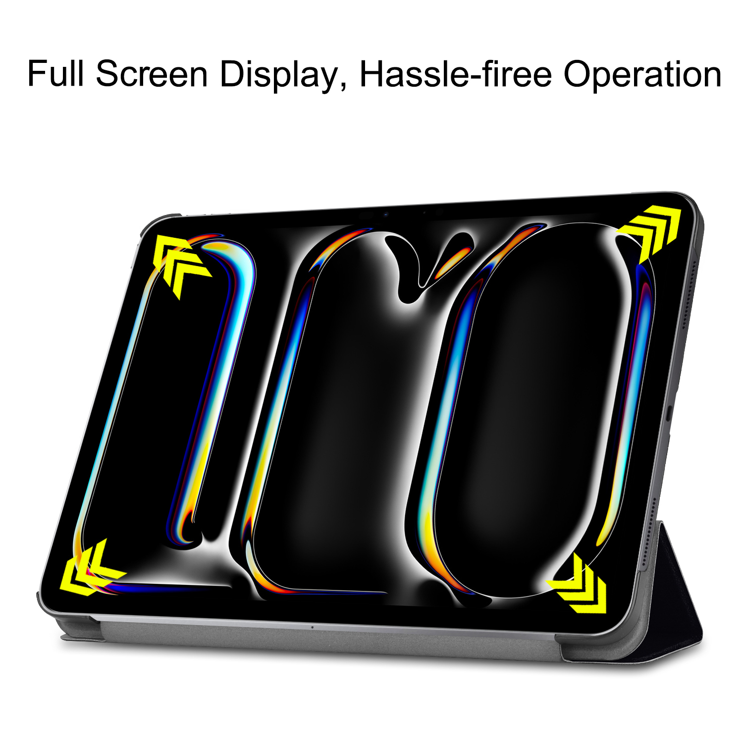 Tablet-Hülle mit schwarzem Bildschirm und farbenfrohem, abstraktem Design. Gelbe Pfeile zeigen darauf.