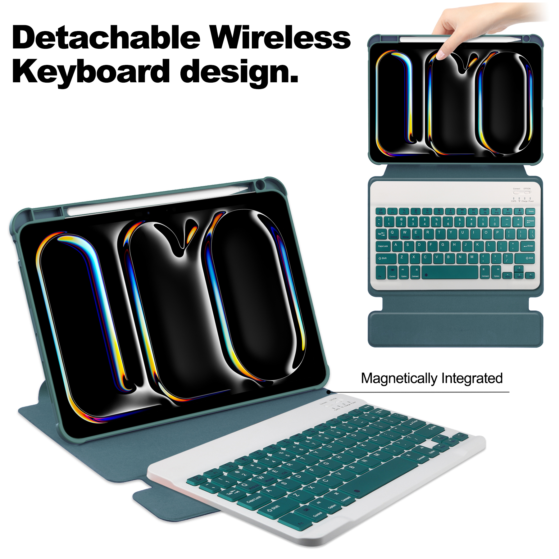 Tablet mit abnehmbarer drahtloser Tastatur. Tastatur und Tablet in tealfarbenem Gehäuse.