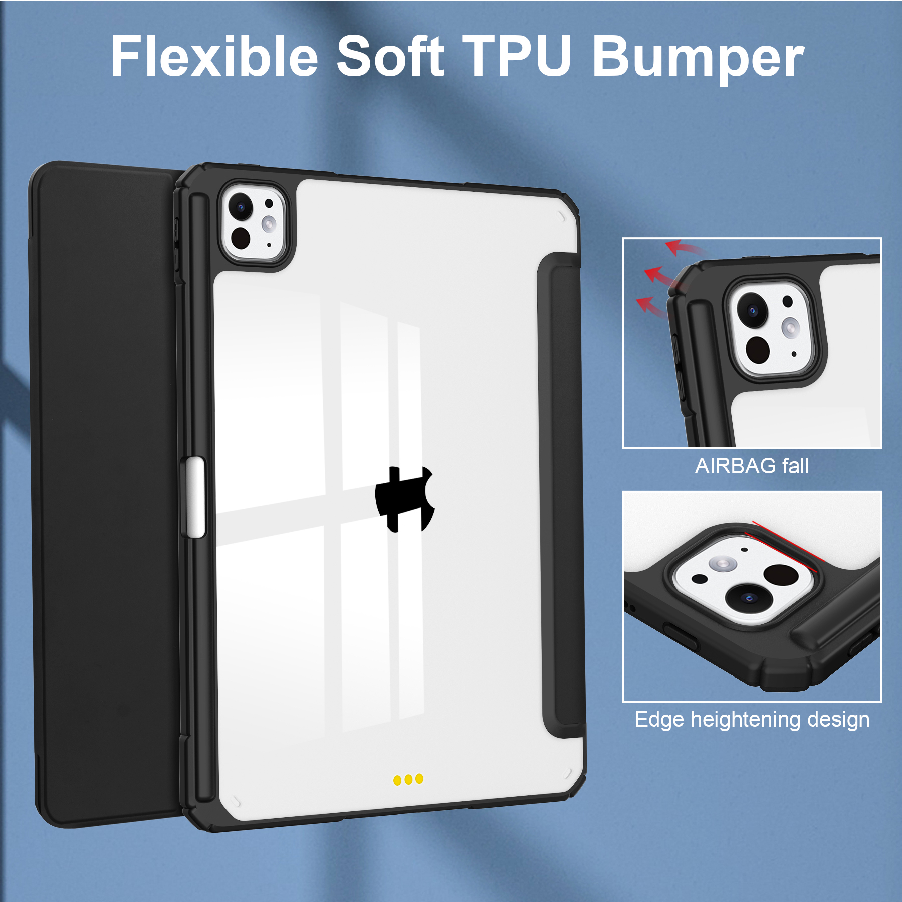 Schwarze und transparente iPad-Hülle mit Abdeckung, die Funktionen wie Airbag-Fallschutz zeigt.