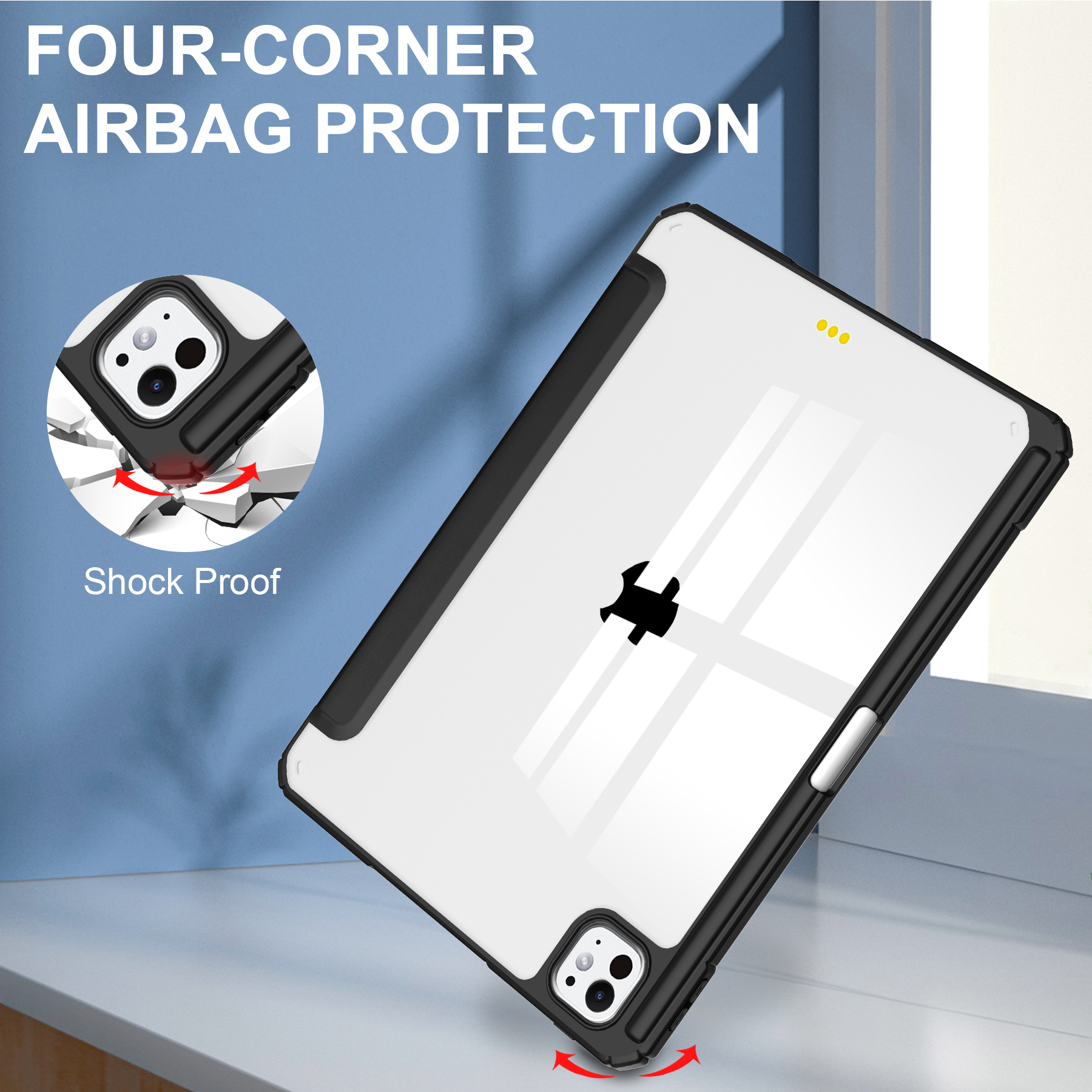 Ein weißes iPad in einer schwarzen Hülle auf einer Oberfläche, mit Text über Vier-Ecken-Airbag-Schutz.