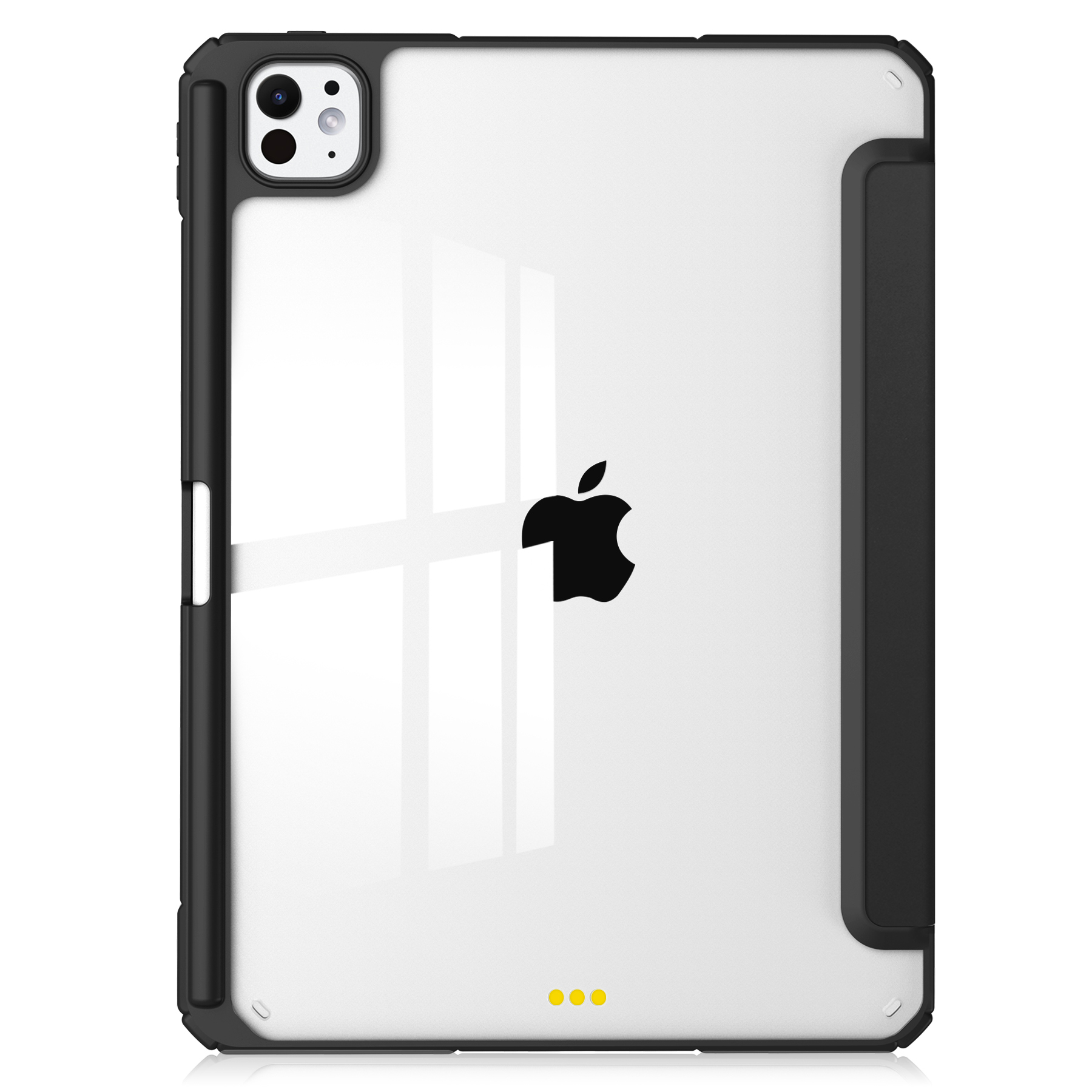 Ein iPad, umhüllt von einer durchsichtigen Hülle mit schwarzem Rahmen. Das Apple-Logo ist sichtbar.