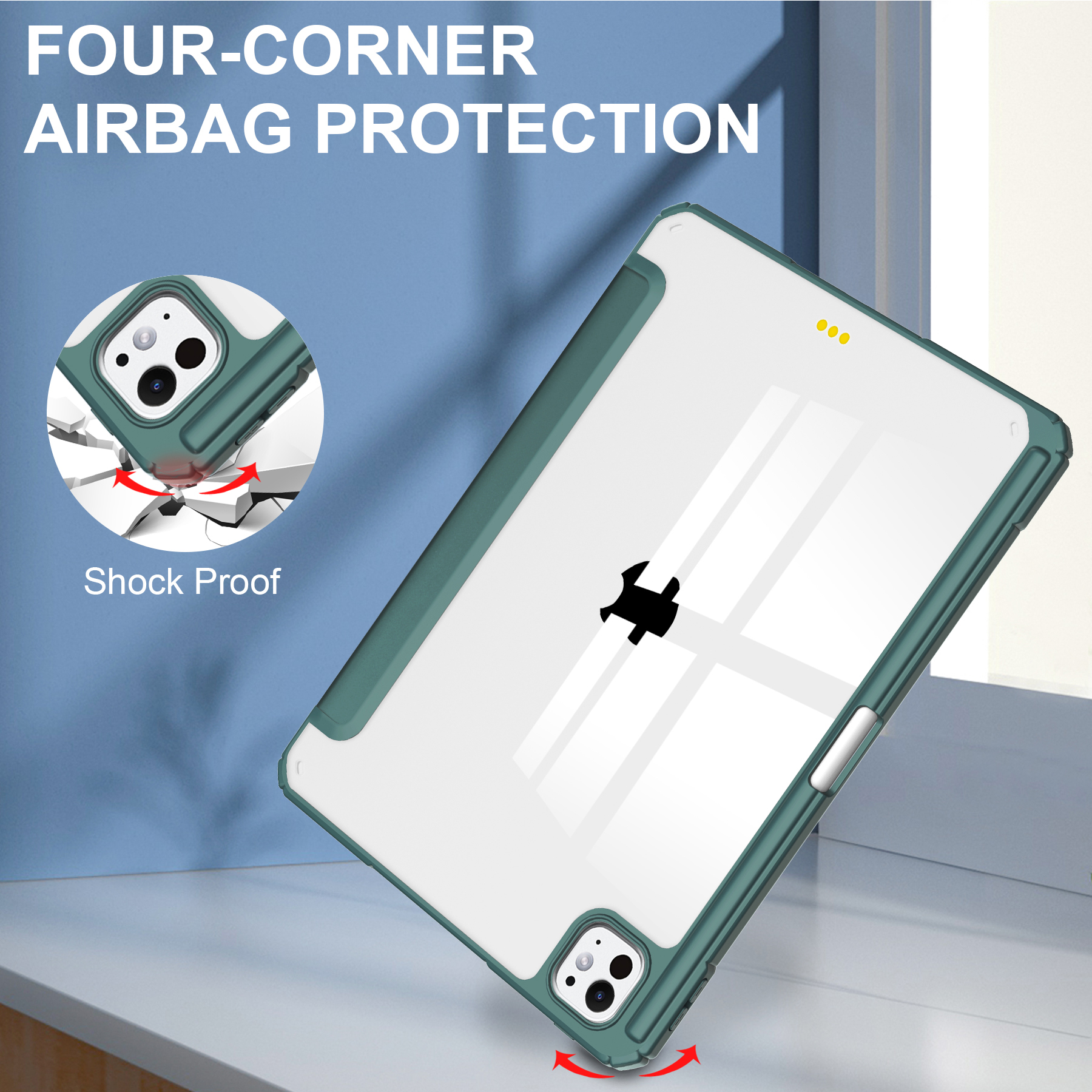 Tablet mit Schutzhülle, stoßfest, Vier-Ecken-Airbag.