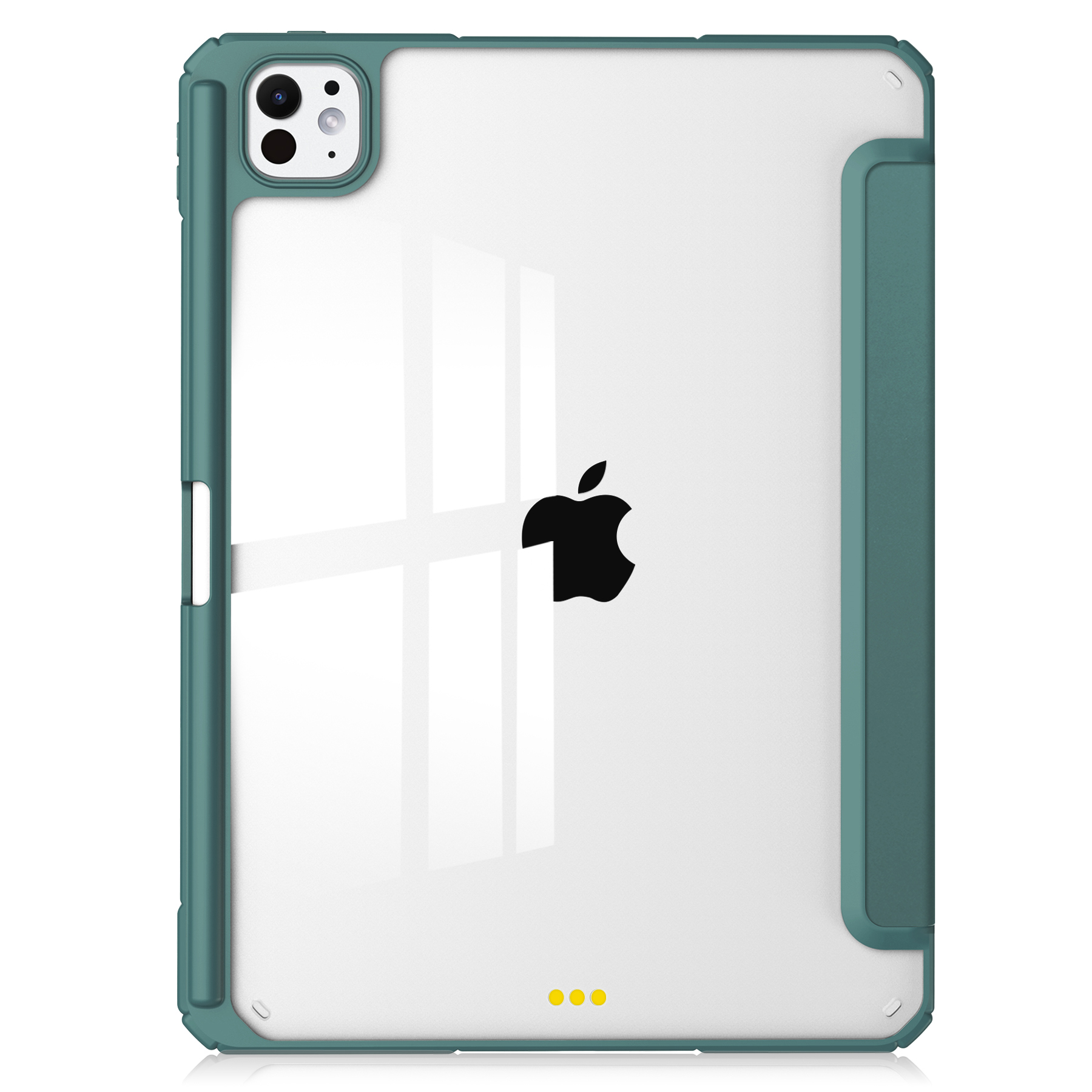 Ein iPad in einer tealfarbenen Hülle, mit durchsichtigem Rücken und schwarzem Apple-Logo. Die Kamera ist sichtbar.