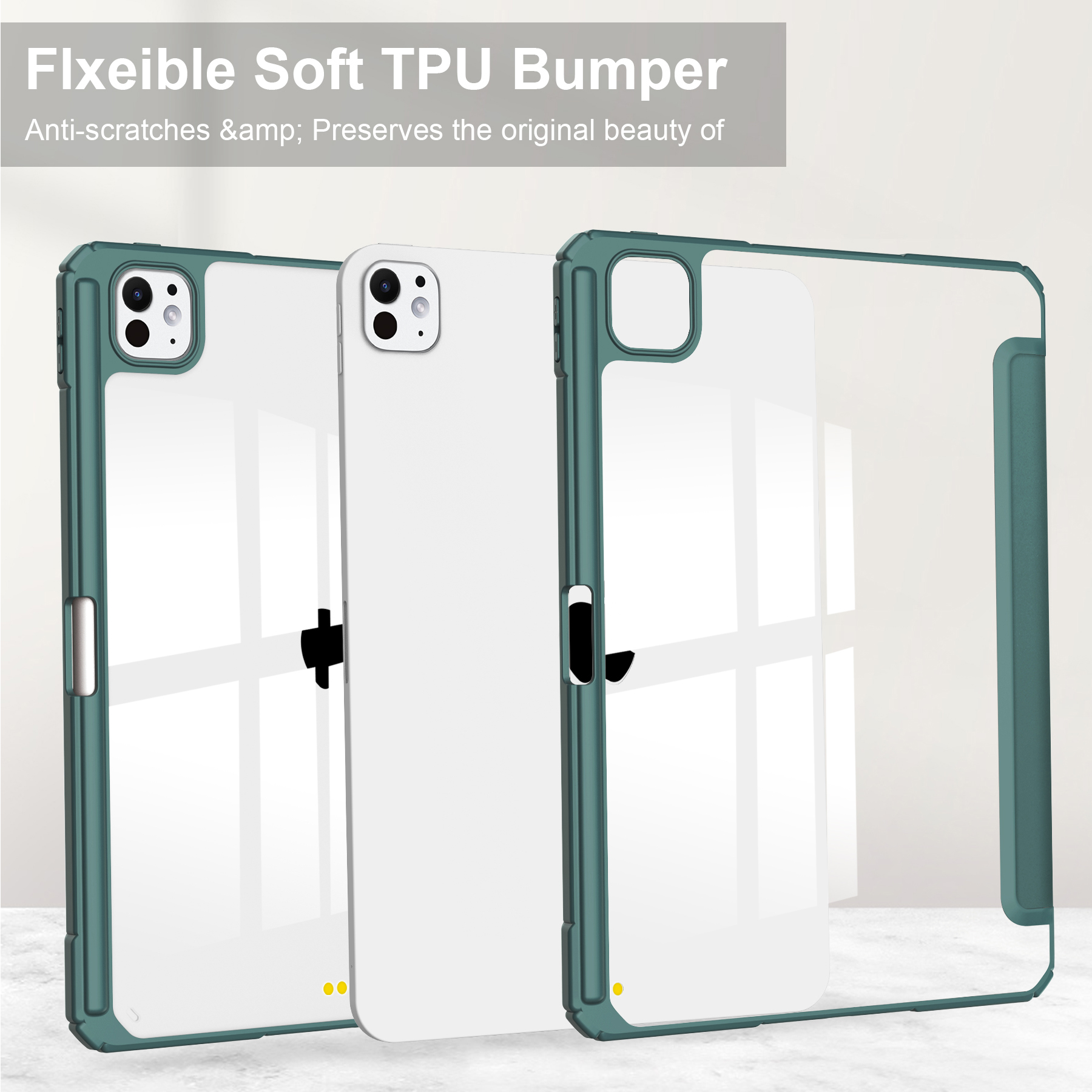 Drei Handyhüllen, zwei sind auf einem Telefon, mit einem teal Rahmen und klarer Rückseite.