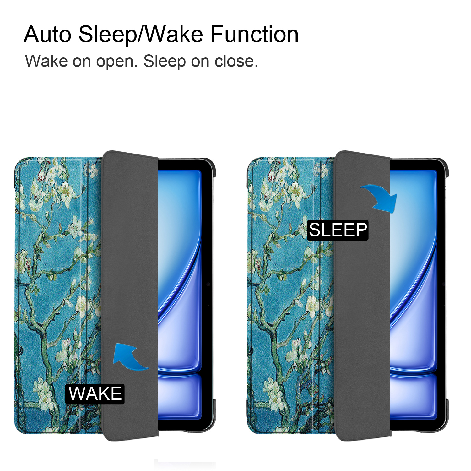 Tabletfach offen und geschlossen, Design zeigend. Text: Auto Sleep/Wake-Funktion. Aufwachen beim Öffnen. Schlafen beim Schließen.