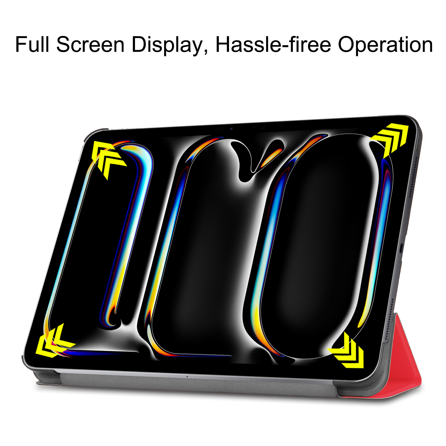 Ein Tablet mit geometrischem Design auf dem Bildschirm, mit rotem Ständer und gelben Pfeilen.