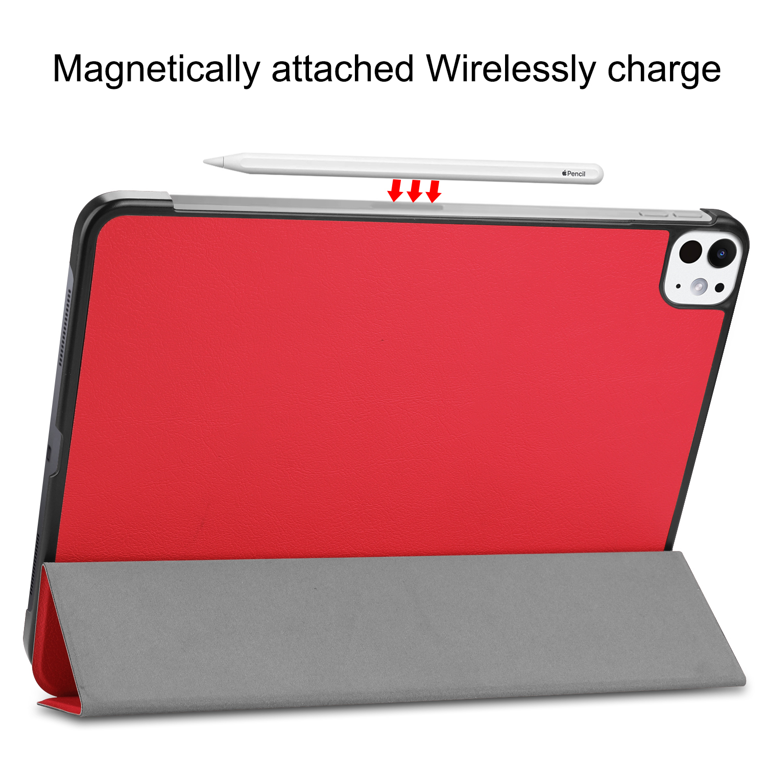 Rote Tablet-Hülle mit magnetisch befestigtem Stift und grauem Ständer.
