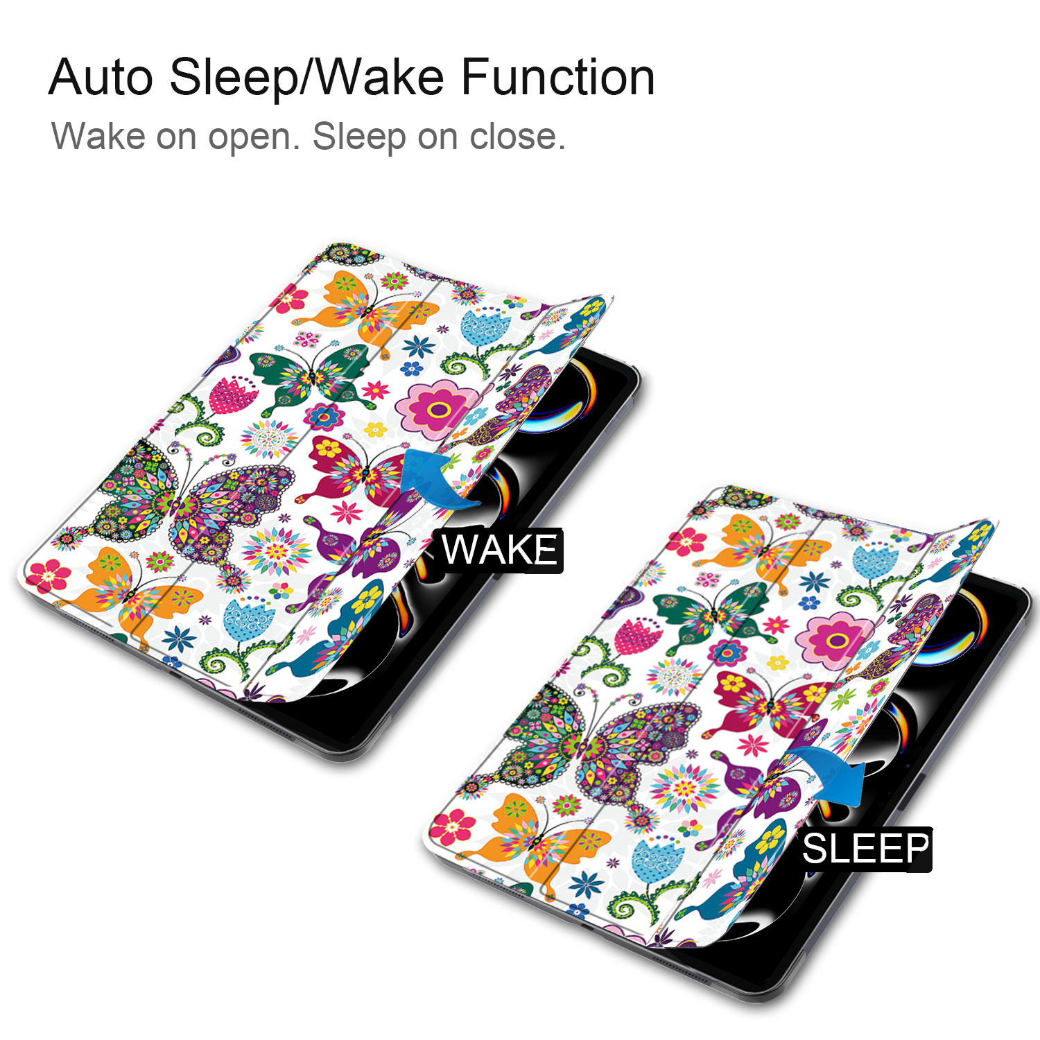 iPad mit bunter Schmetterlings-Design-Hülle, zeigt offene und geschlossene Positionen und den Text 'wake' und 'sleep'.