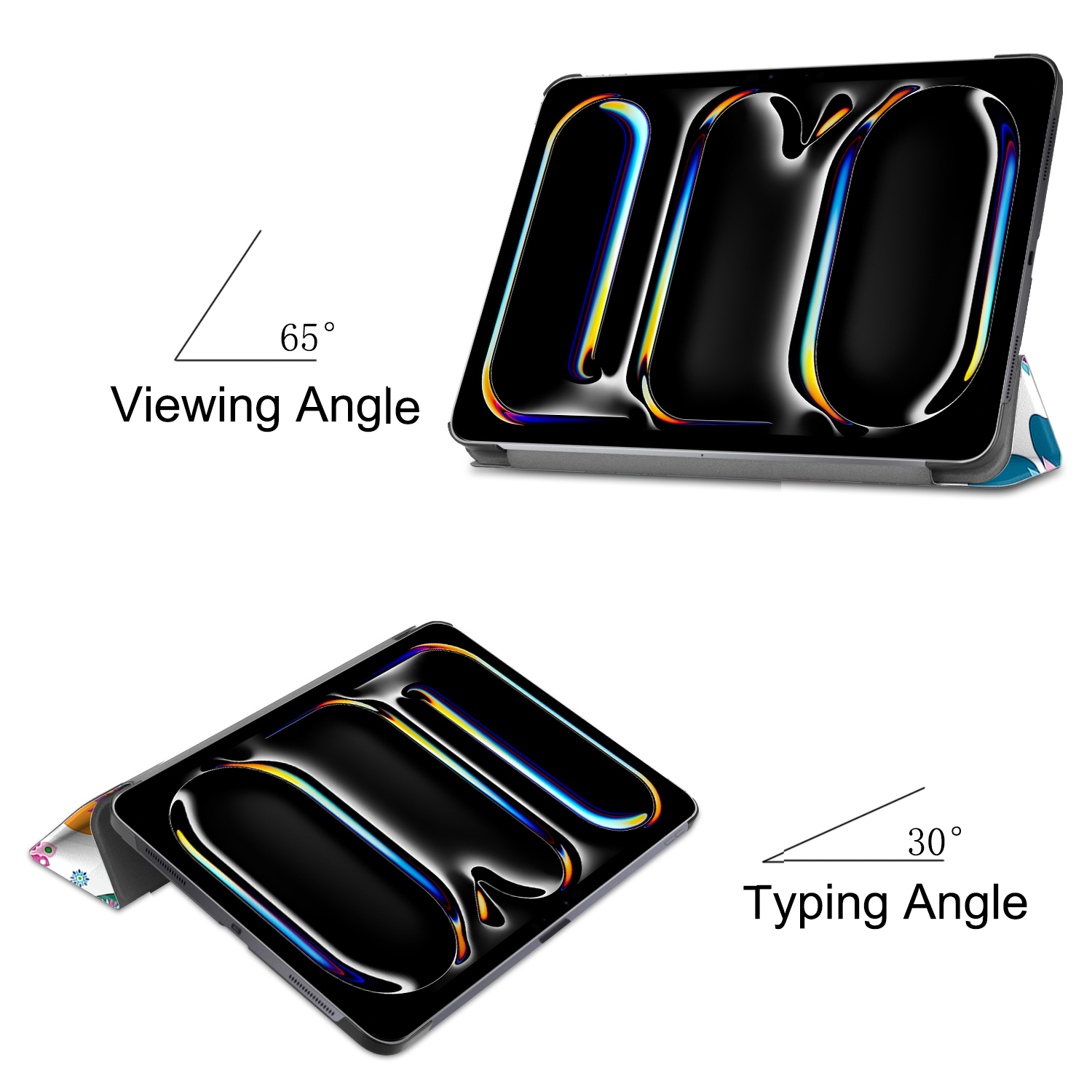 Ein Tablet in einem Gehäuse wird in zwei Winkeln gezeigt. Das Gehäuse ist schwarz mit reflektierender Oberfläche.